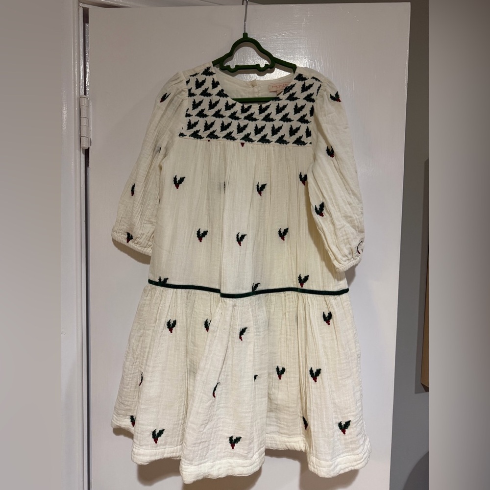 Pink Chicken cream Dress with Green and dark red embroidered holly in size 8